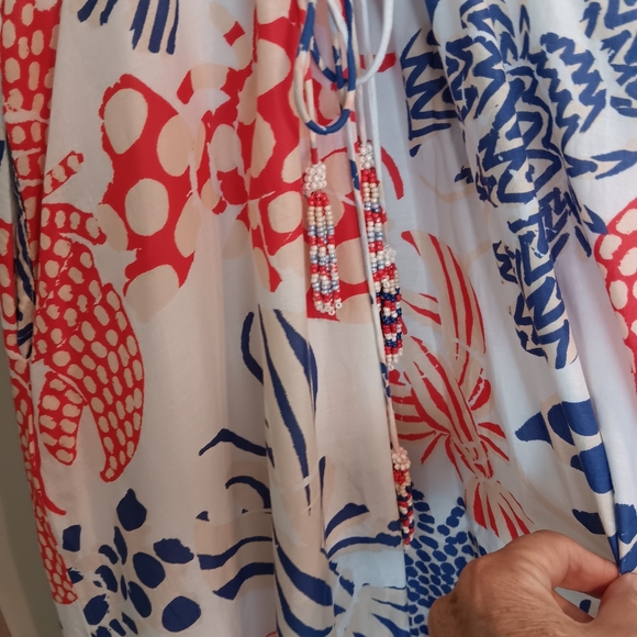 Farm Rio Mixed Lobsters Coral & Blue On Off-white Cap Flutter Sleeve Midi Dress - Picture 8 of 14